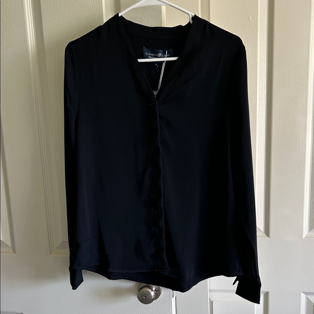 NWT Elizabeth & Clarke Black Blouse Button-Up Vegan Silk